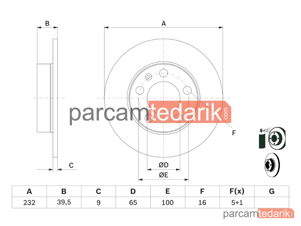 BOSCH 0986478868 | Fren Diski (Arka, 232 mm) — Seat Ibiza IV, Seat Ibiza IV SC, Audi A1