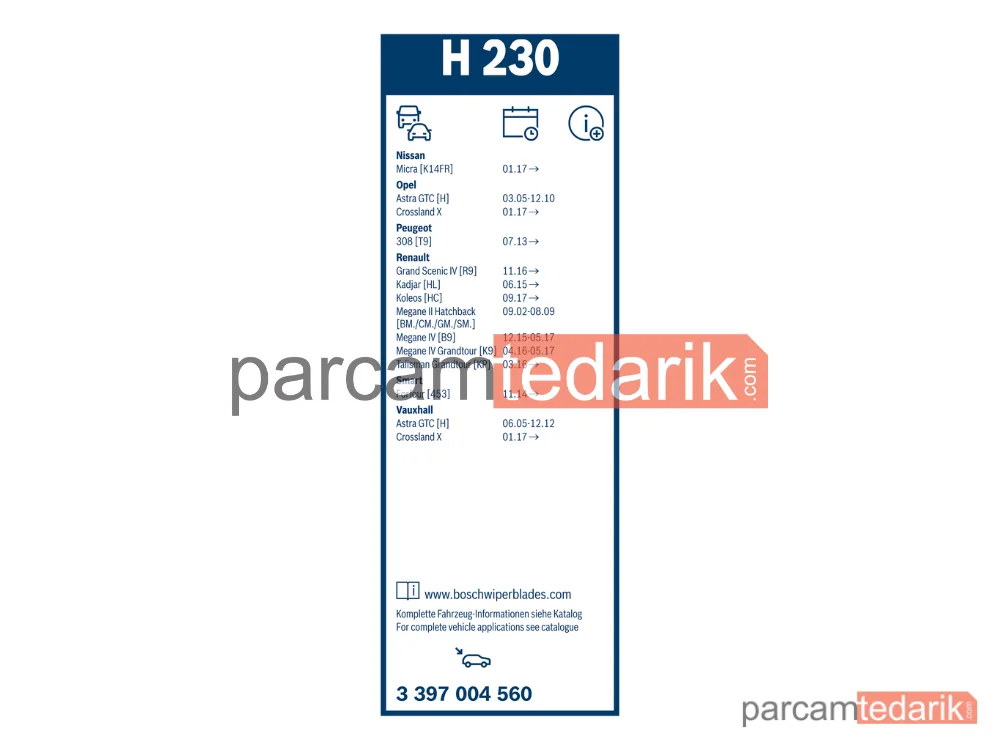 BOSCH 3397004560 | Silecek Süpürgesi (230 mm) — Renault Megane II, Peugeot 308 II, Opel Astra H GTC