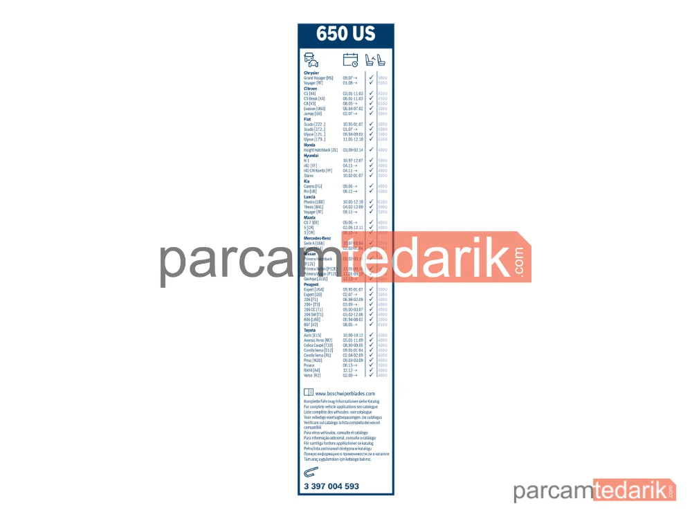 BOSCH 3397004593 | Silecek Süpürgesi (650 mm) — Citroen C8, Hyundai H-1 / Starex, Peugeot 807