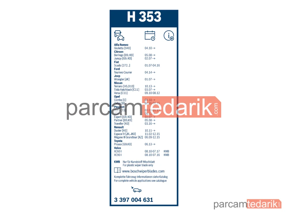 BOSCH 3397004631 | Silecek Süpürgesi (350 mm) — Citroen Berlingo, Peugeot 208 I