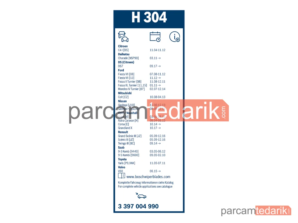 BOSCH 3397004990 | Silecek Süpürgesi (300 mm) — Volvo V60 I, Ford Focus III, Saab 9-3