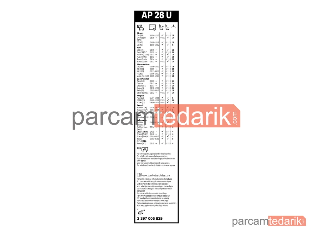 BOSCH 3397006839 | Silecek Süpürgesi — Ford Focus III, Seat Alhambra, VW Touran