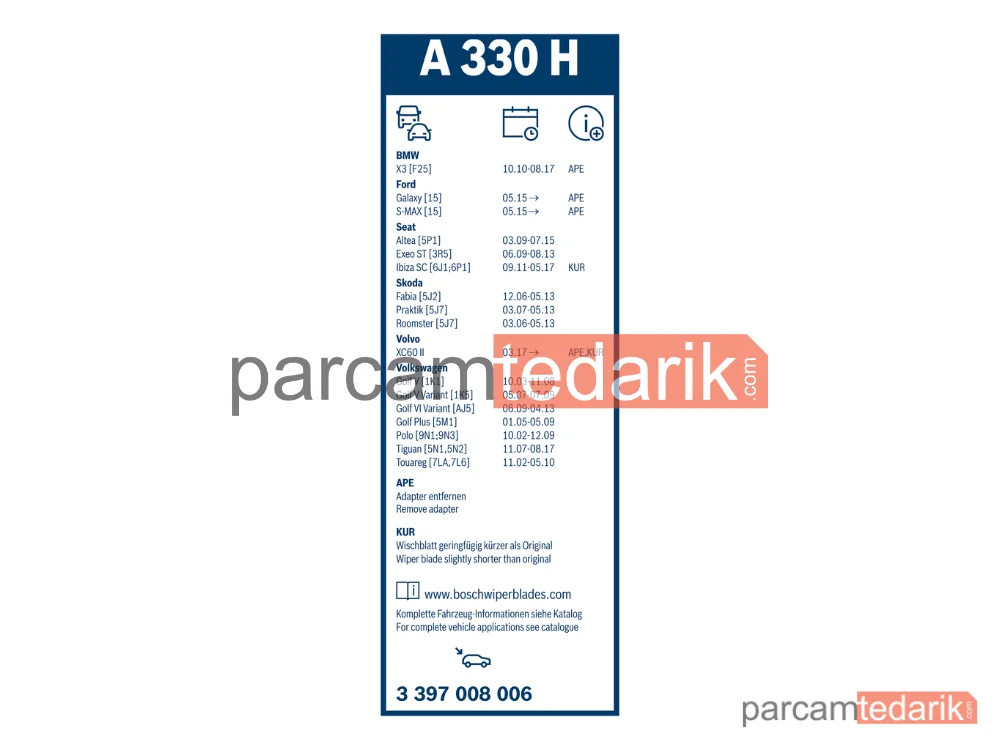 BOSCH 3397008006 | Silecek Süpürgesi (330 mm) — Volvo XC60 II, VW Golf V, VW Tiguan