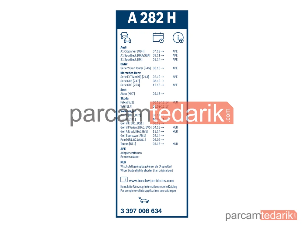 BOSCH 3397008634 | Silecek Süpürgesi (280 mm) — VW Golf VII, VW Golf VII Variant, Mercedes-Benz E-Serisi T-Model
