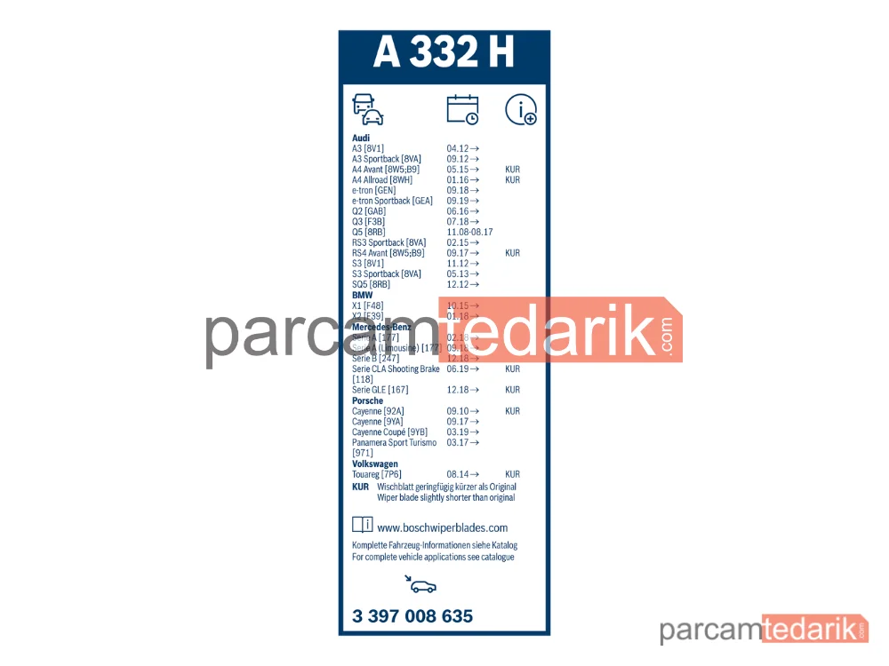 BOSCH 3397008635 | Silecek Süpürgesi (330 mm) — Audi A4 B9, Audi A3, BMW X2