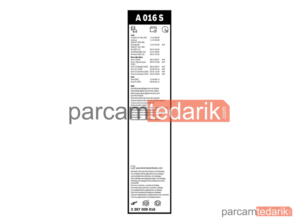 BOSCH 3397009016 | Silecek Süpürgesi — Audi A4 B7, Mercedes-Benz C-Serisi T-Model, Audi A6 C5