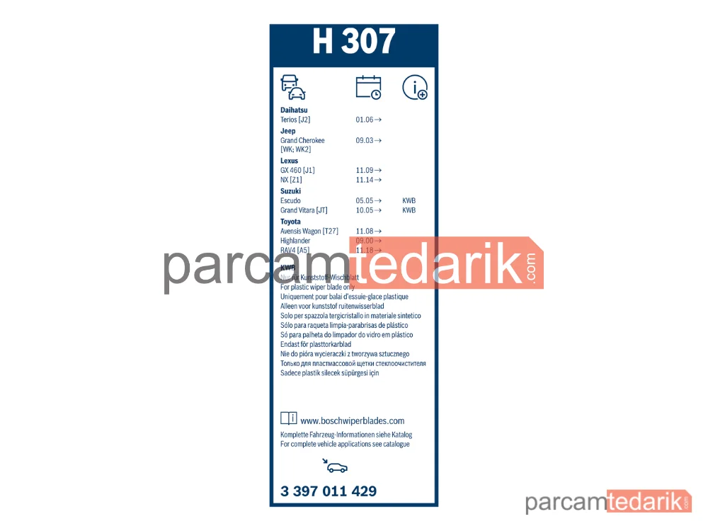 BOSCH 3397011429 | Silecek Süpürgesi (300 mm) — Toyota Avensis, Jeep Grand Cherokee IV, Daihatsu Terios