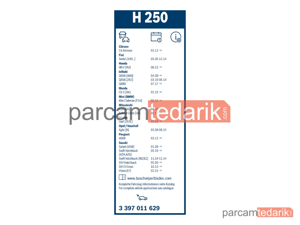 BOSCH 3397011629 | Silecek Süpürgesi (250 mm) — Mini Clubman, Suzuki Vitara, Fiat Sedici