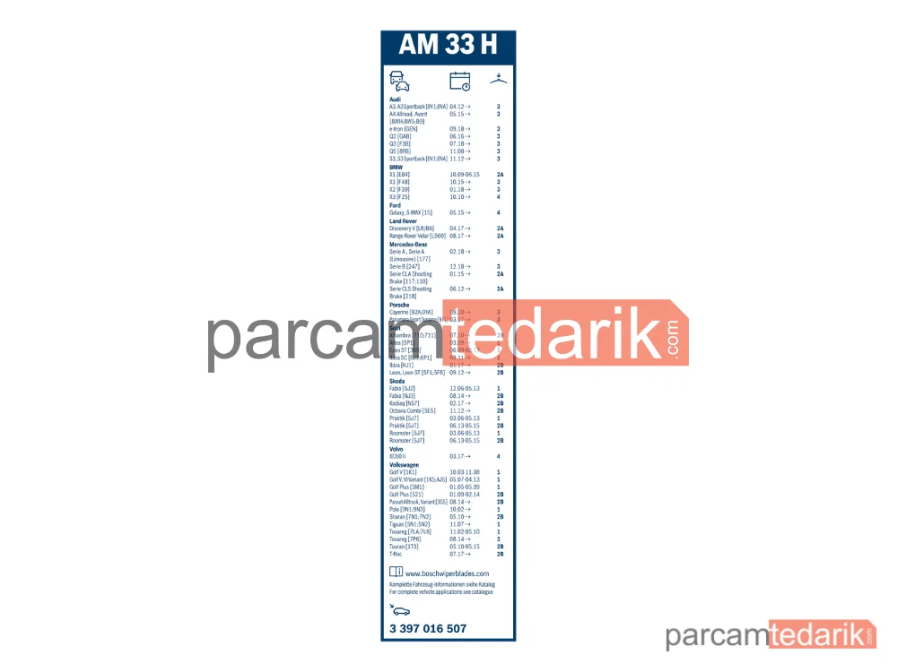 BOSCH 3397016507 | Silecek Süpürgesi (330 mm) — Audi A4 B9, Seat Leon ST, Volvo XC60 II