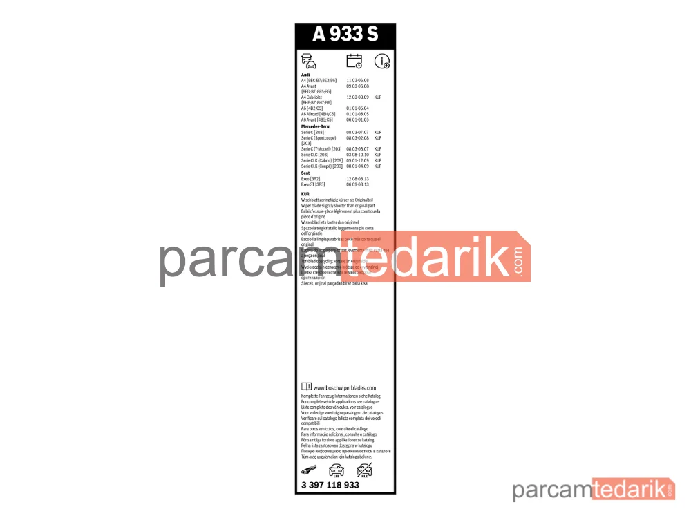 BOSCH 3397118933 | Silecek Süpürgesi (550 mm) — Audi A4 B7, Mercedes-Benz C-Serisi T-Model, Audi A6 C5