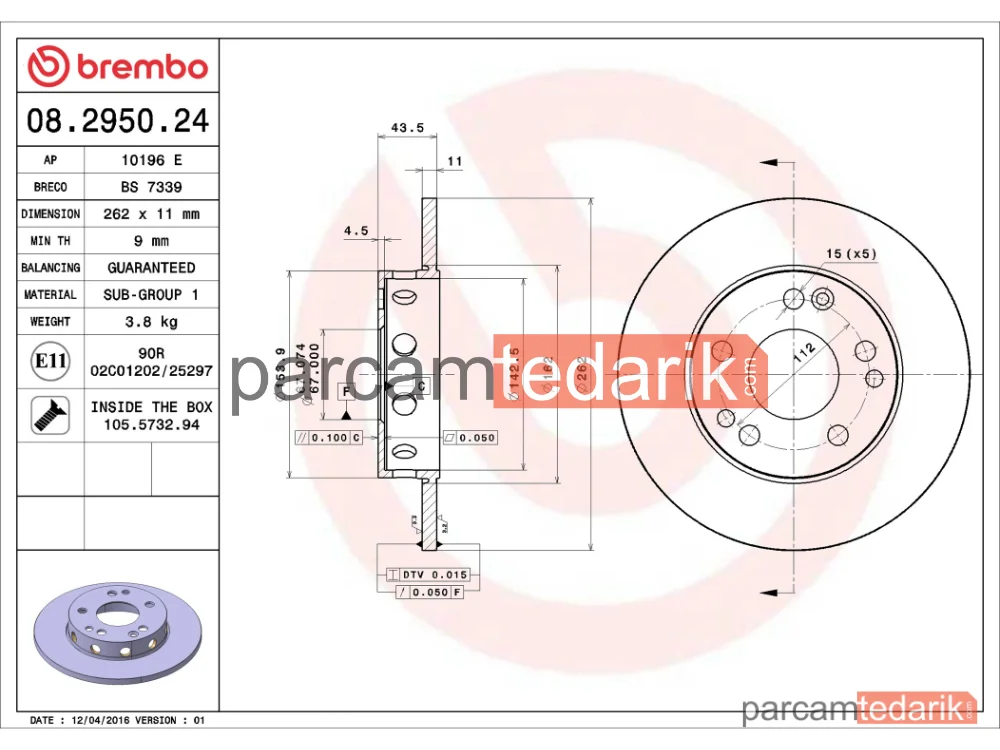 BREMBO 08295024 | Fren Diski (Ön, Düz) — Mercedes-Benz 190