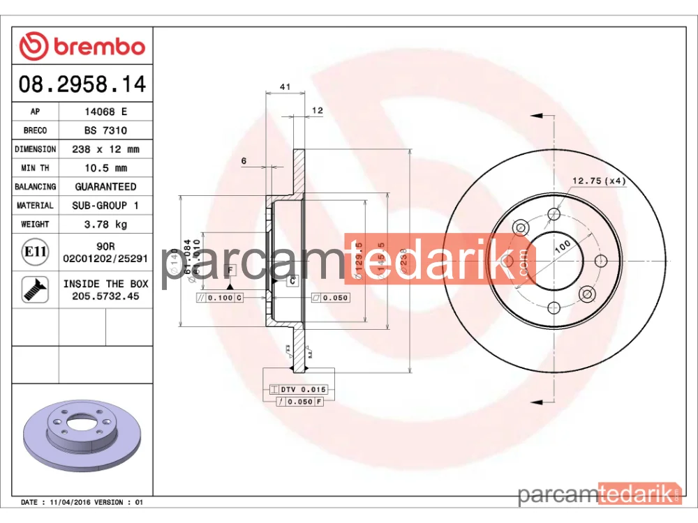 BREMBO 08295814 | Fren Diski (Ön) — Renault Rapid, Dacia Sandero, Dacia Logan