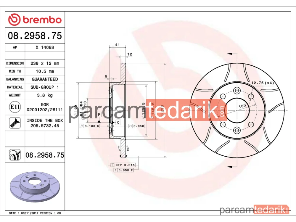 BREMBO 08295875 | Fren Diski (Ön) — Renault Rapid, Dacia Sandero, Dacia Logan