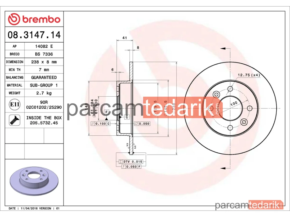 BREMBO 08314714 | Fren Diski (Ön) — Renault Super 5, Renault Rapid, Renault Twingo I