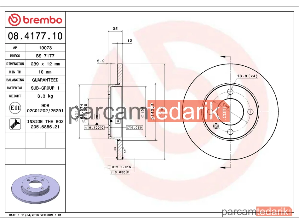 BREMBO 08417710 | Fren Diski (Ön, 239x12 mm, 4×100) — VW Golf II, Audi 80 B2, VW Jetta II