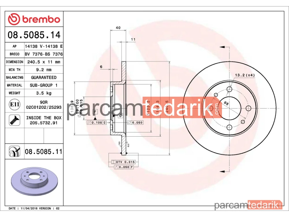 BREMBO 08508514 | Fren Diski (Arka) — Fiat Tipo, Fiat Tempra S.w., Alfa Romeo 155