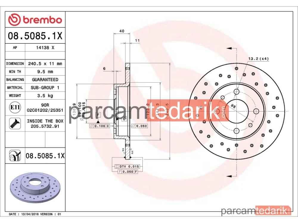 BREMBO 0850851X | Fren Diski (Ön, Delikli, 240 mm) — Fiat Tipo, Fiat Tempra S.w., Alfa Romeo 155