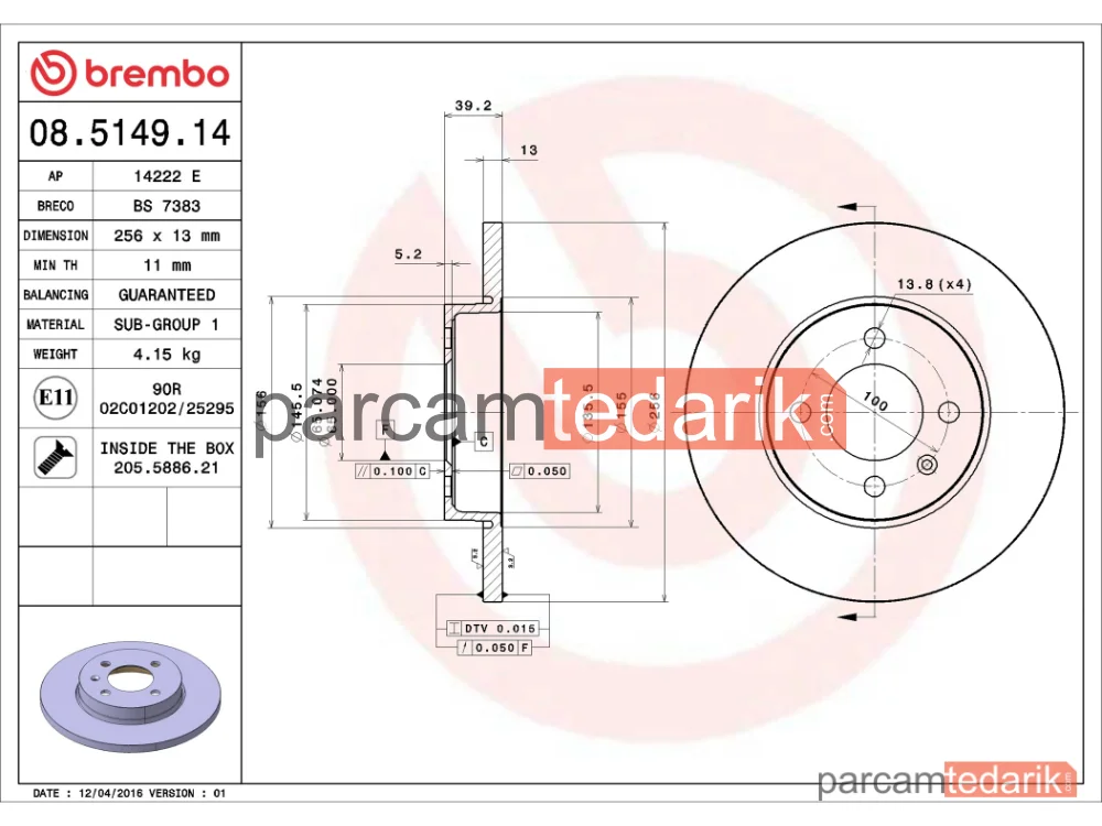 BREMBO 08514914 | Fren Diski (Ön, 256x13 mm, 4×100) — VW Passat B3/B4, VW Passat B3/B4 Variant, VW Golf III Variant