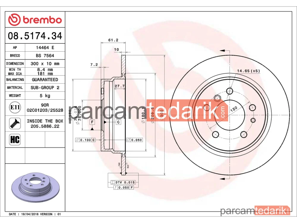 BREMBO 08517434 | Fren Diski (Arka, Düz) — BMW 5, BMW 5 Touring