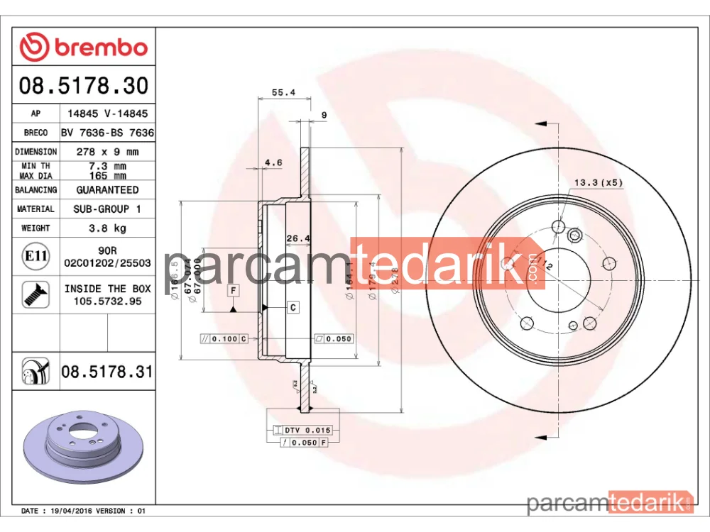 BREMBO 08517830 | Fren Diski (Arka) — Mercedes-Benz 124 T-Model, Mercedes-Benz C-Serisi T-Model