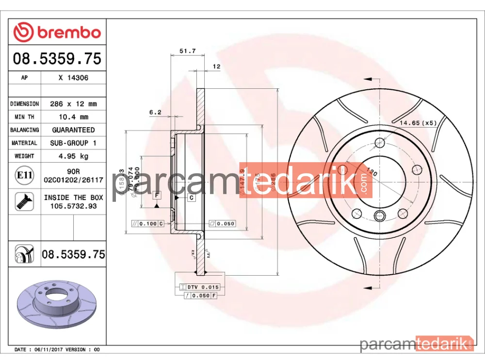 BREMBO 08535975 | Fren Diski (Ön, Düz, 286 mm) — BMW 3, BMW Z3 Roadster, BMW 3 Compact