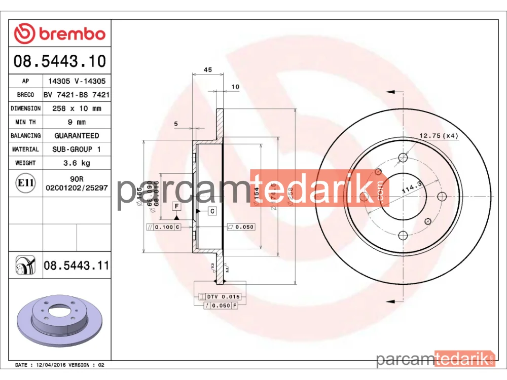 BREMBO 08544310 | Fren Diski (Arka, Düz) — Nissan Primera, Nissan Almera II, Nissan Primera Traveller
