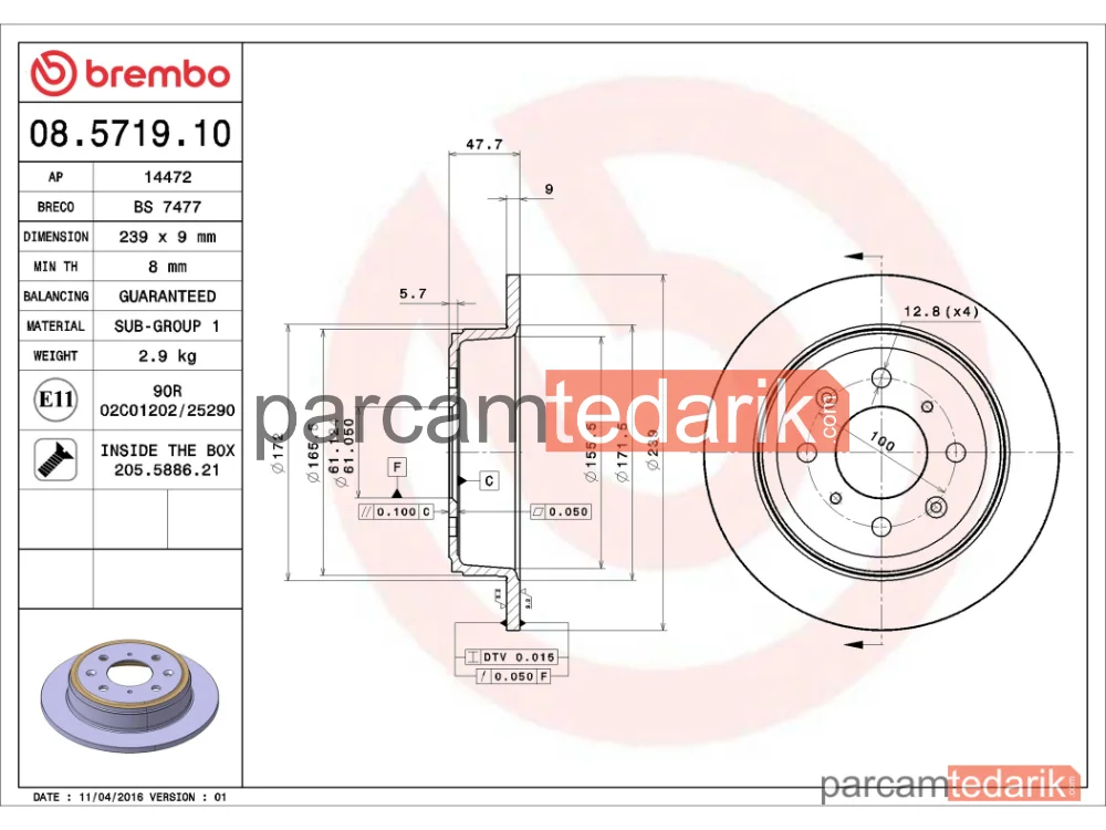 BREMBO 08571910 | Fren Diski (Arka, Düz) — Honda Civic V, Honda Civic VI Coupe, Honda Civic VI