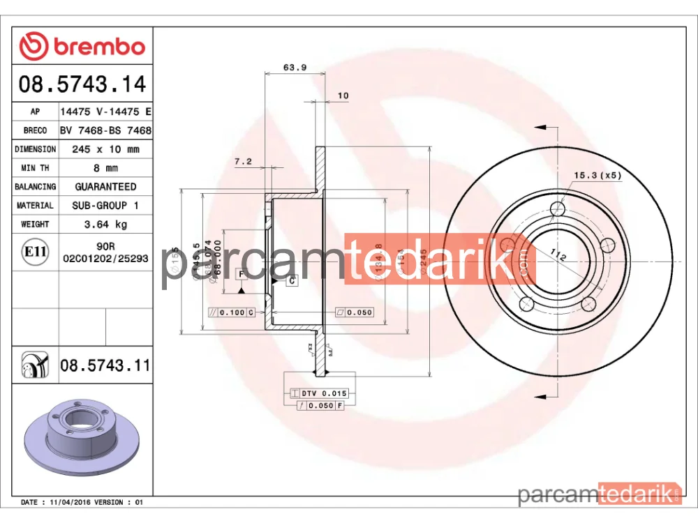 BREMBO 08574311 | Fren Diski (Arka, 245x10 mm, 5×112) — Audi A6 C4, Audi 100 C4, Audi A6 C5