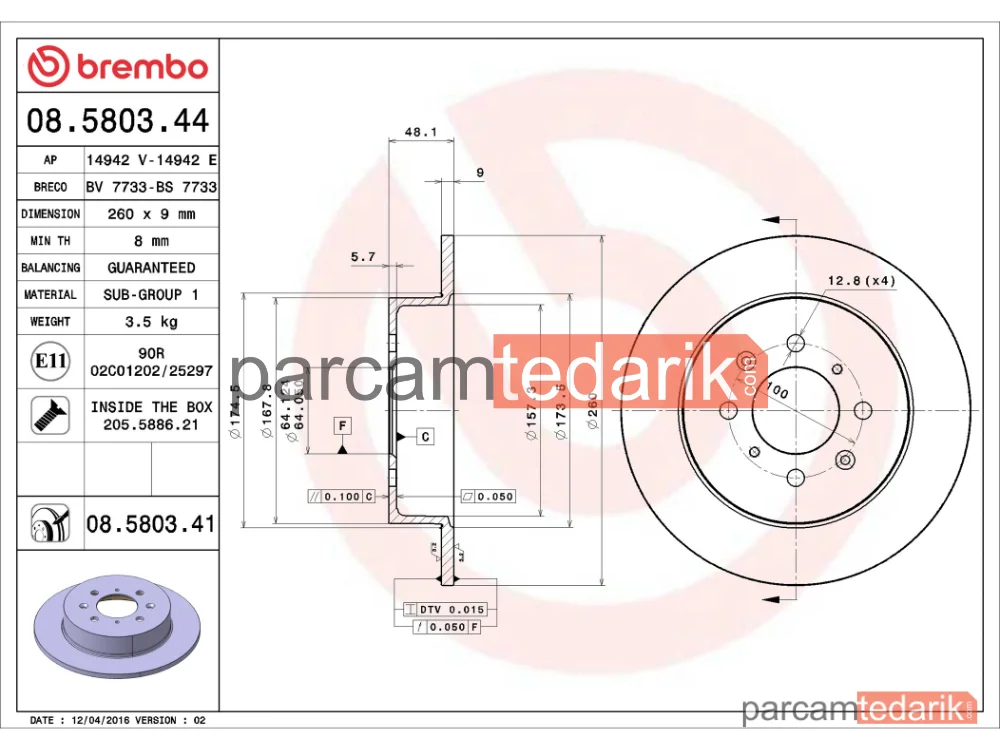 BREMBO 08580341 | Fren Diski (Arka, Düz) — Honda Civic VI Aerodeck, Honda Civic VII, Honda Civic VI Fastback