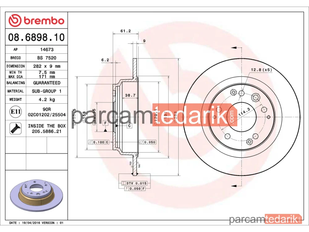 BREMBO 08689810 | Fren Diski (Arka, Düz) — Honda Legend IV, Acura Legend II Coupe, Honda Legend II Coupe