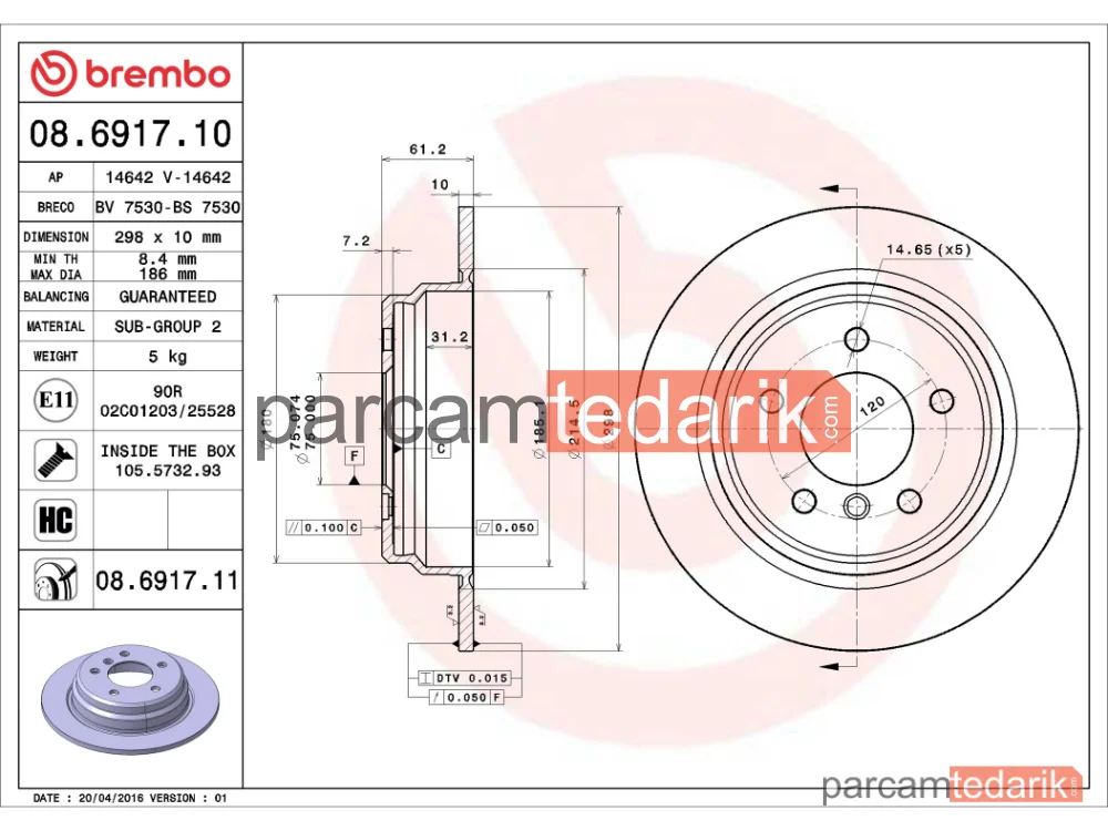 BREMBO 08691711 | Fren Diski (Arka, Düz) — BMW 5