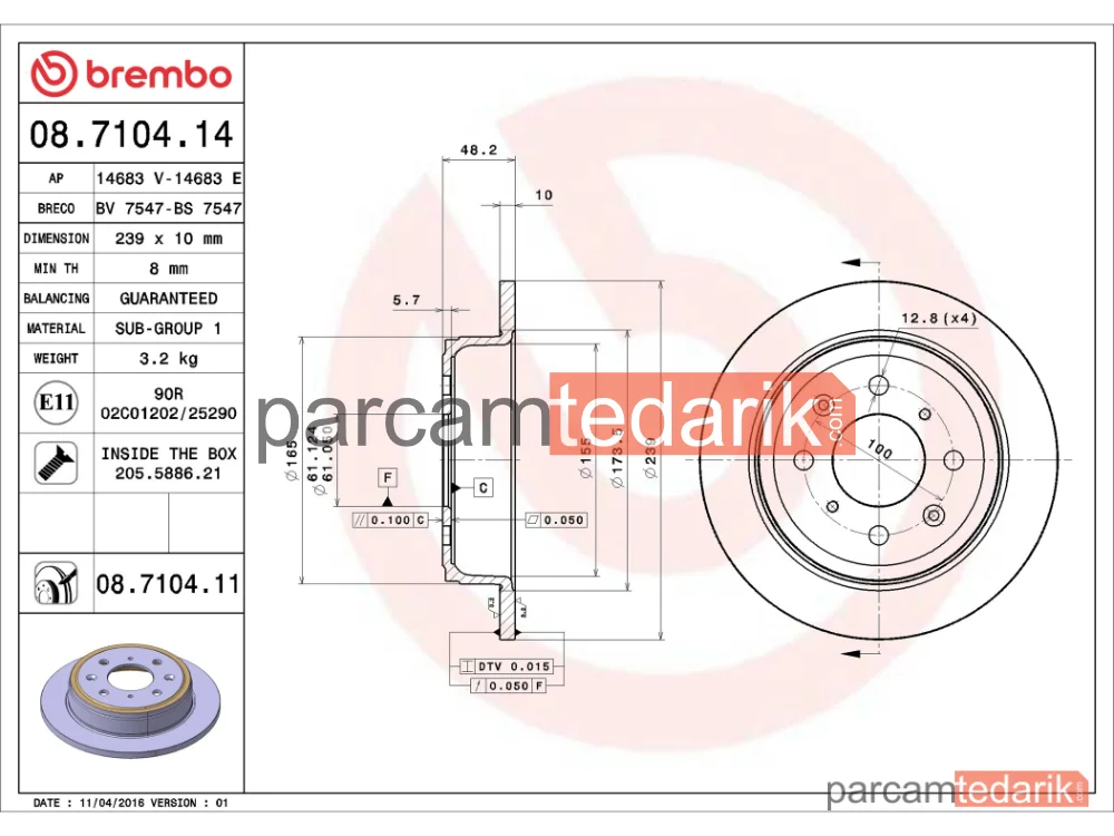 BREMBO 08710414 | Fren Diski (Arka, Düz) — Honda Civic VI Fastback, Honda Accord III, Honda Civic IV