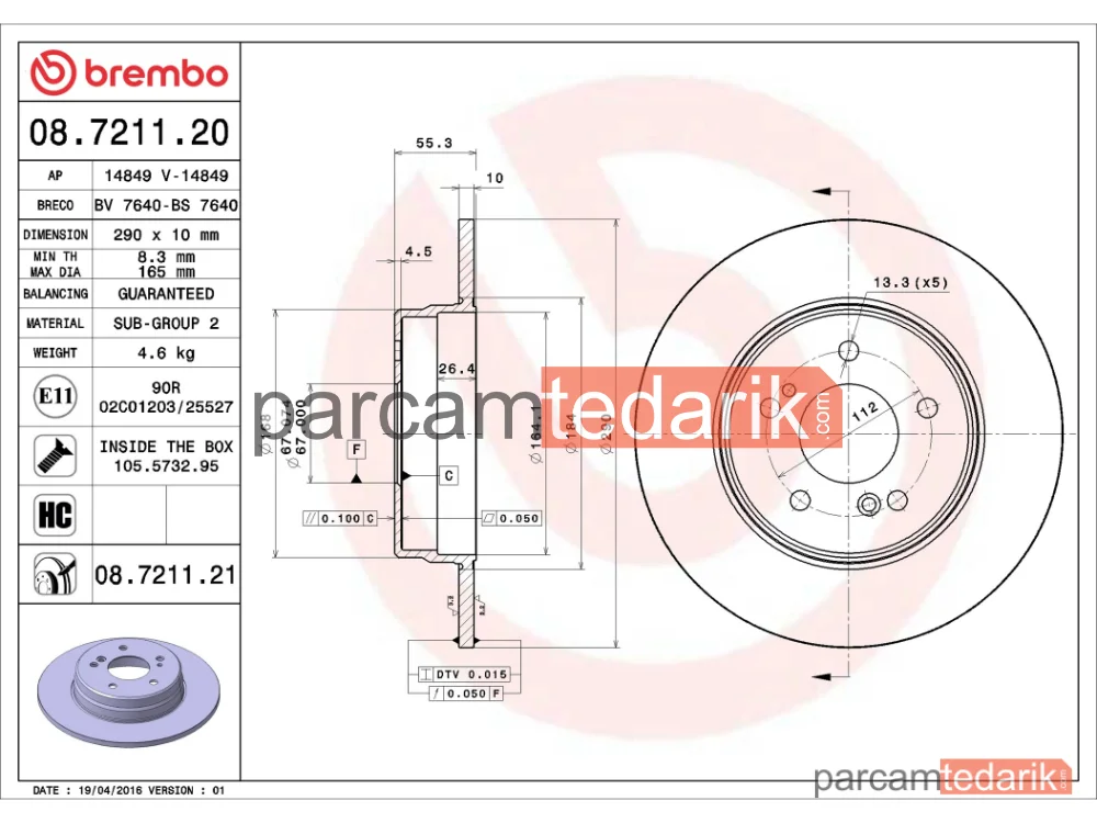 BREMBO 08721121 | Fren Diski (Arka) — Mercedes-Benz C-Serisi, Mercedes-Benz C-Serisi T-Model