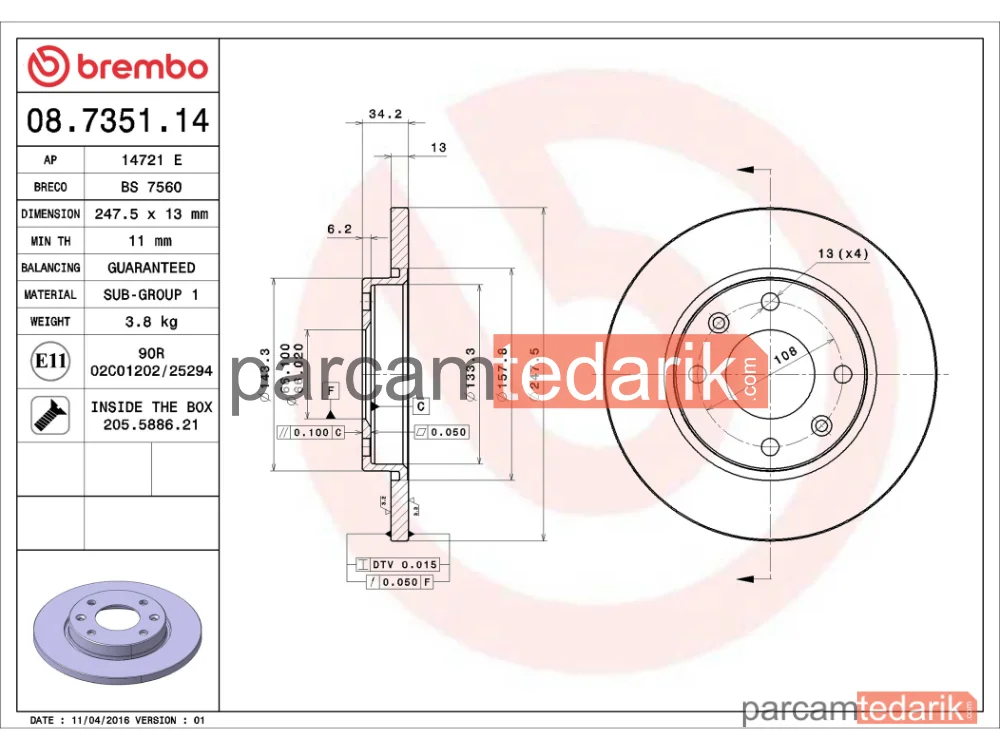 BREMBO 08735114 | Fren Diski (Ön, Düz) — Citroen Xsara, Citroen Xsara Break, Citroen Xsara Coupe
