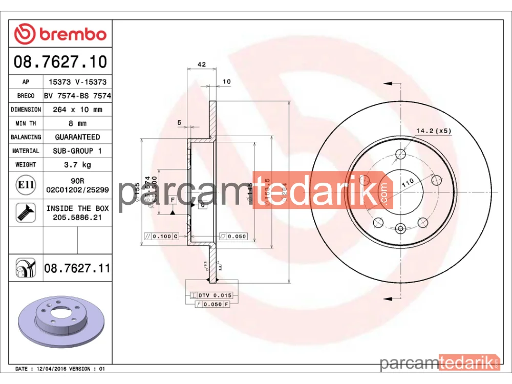 BREMBO 08762710 | Fren Diski (Arka, Düz, 263.8 mm) — Opel Astra G, Opel Astra H, Opel Astra H GTC