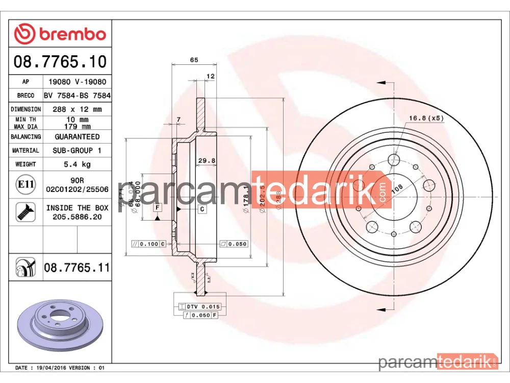 BREMBO 08776511 | Fren Diski (Arka, Düz) — Volvo S80 I, Volvo V70 II, Volvo S60 I