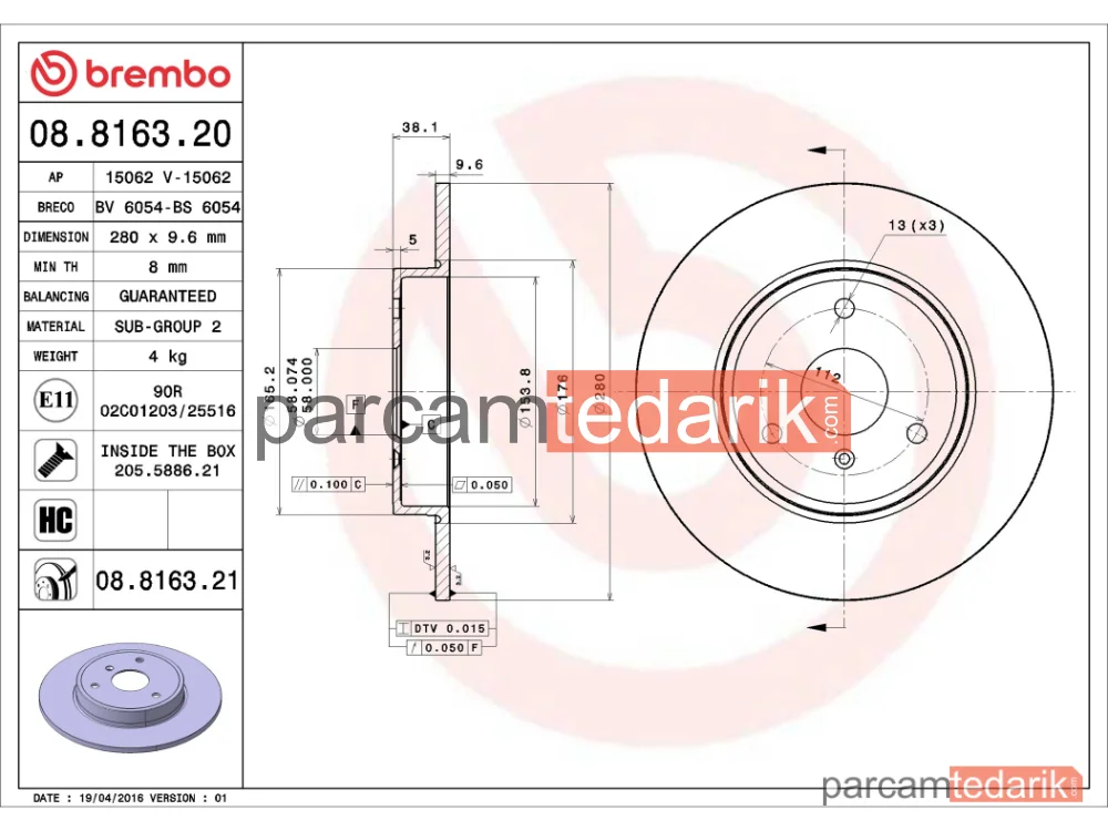BREMBO 08816321 | Fren Diski (Ön) — Smart Fortwo Coupe, Smart City-Coupe, Smart Fortwo Cabrio