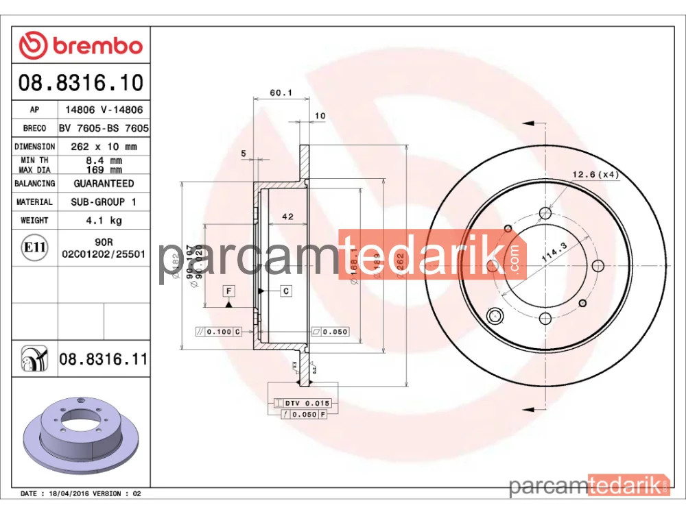 BREMBO 08831610 | Fren Diski (Arka, Düz) — Mitsubishi Galant VII, Mitsubishi Galant VIII, Mitsubishi Space Wagon