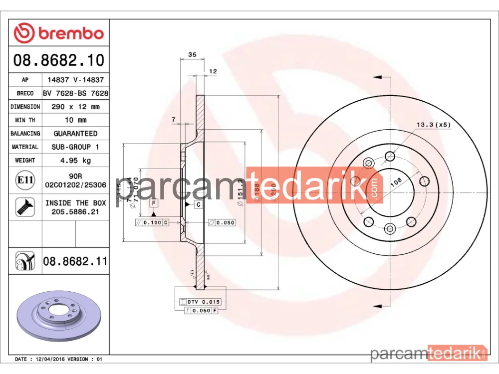 BREMBO 08868210 | Fren Diski (Arka, 10 mm) — Peugeot 407, Peugeot 407 SW, Peugeot 607