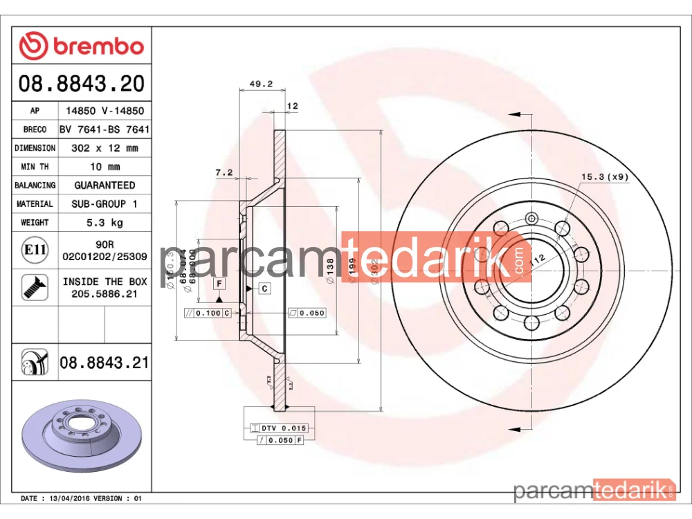 BREMBO 08884321 | Fren Diski (Arka, 302 mm) — Audi A6 C6