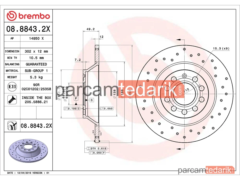 BREMBO 0888432X | Fren Diski (Arka, 302x12 mm, 5×112) — Audi A6 C6