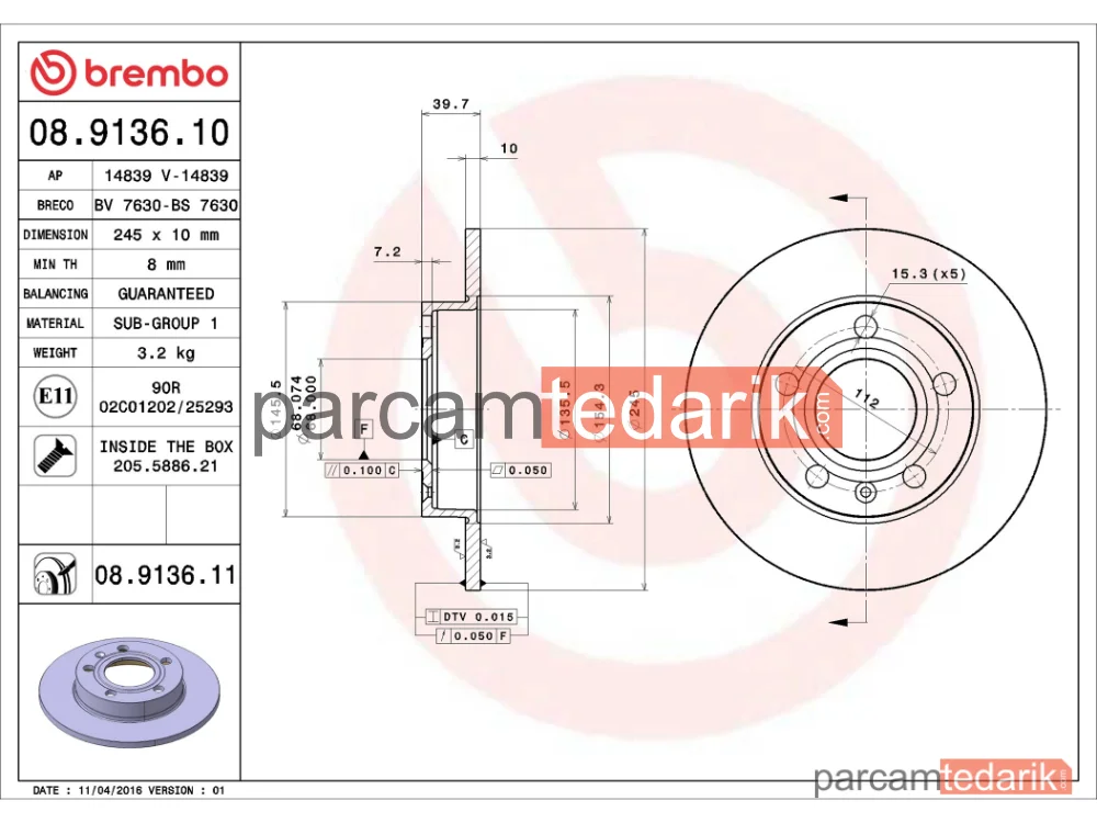 BREMBO 08913610 | Fren Diski (Arka, 245x10 mm, 5×112) — Audi A4 B7, Audi 80 B4, Audi A4 B6 Cabrio