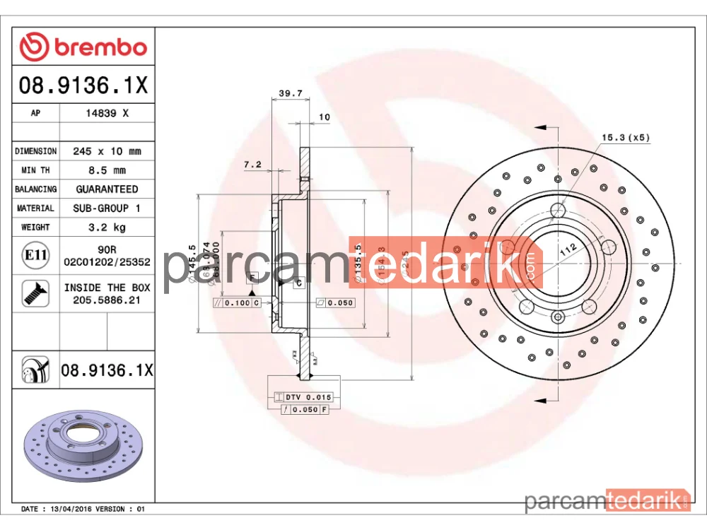 BREMBO 0891361X | Fren Diski (Arka, Delikli, 245x10 mm, 5×112) — Audi A4 B7, Audi 80 B4, Audi A4 B6 Cabrio
