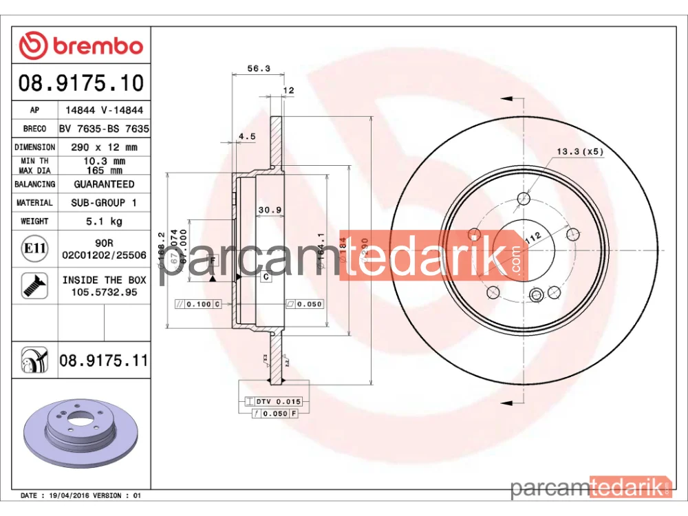 BREMBO 08917511 | Fren Diski (Arka) — Mercedes-Benz E-Serisi T-Model, Mercedes-Benz E-Serisi