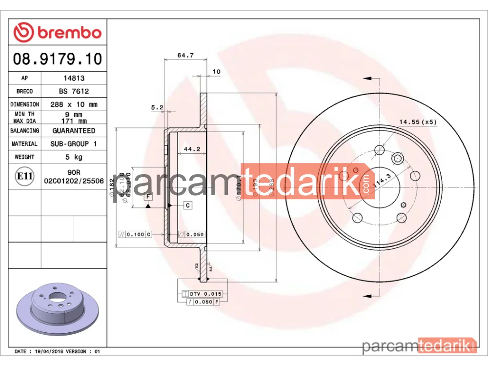 BREMBO 08917910 | Fren Diski (Arka, Düz) — Toyota Camry, Lexus ES