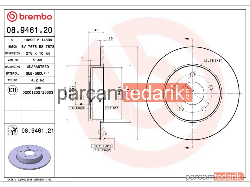 BREMBO 08946120 | Fren Diski (Arka, Düz) — Nissan Primera, Nissan Almera Tino