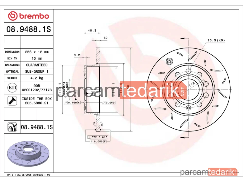 BREMBO 0894881S | Fren Diski (Arka, 256x12 mm, 5×112) — VW Golf V, Skoda Octavia II Combi, VW Jetta III