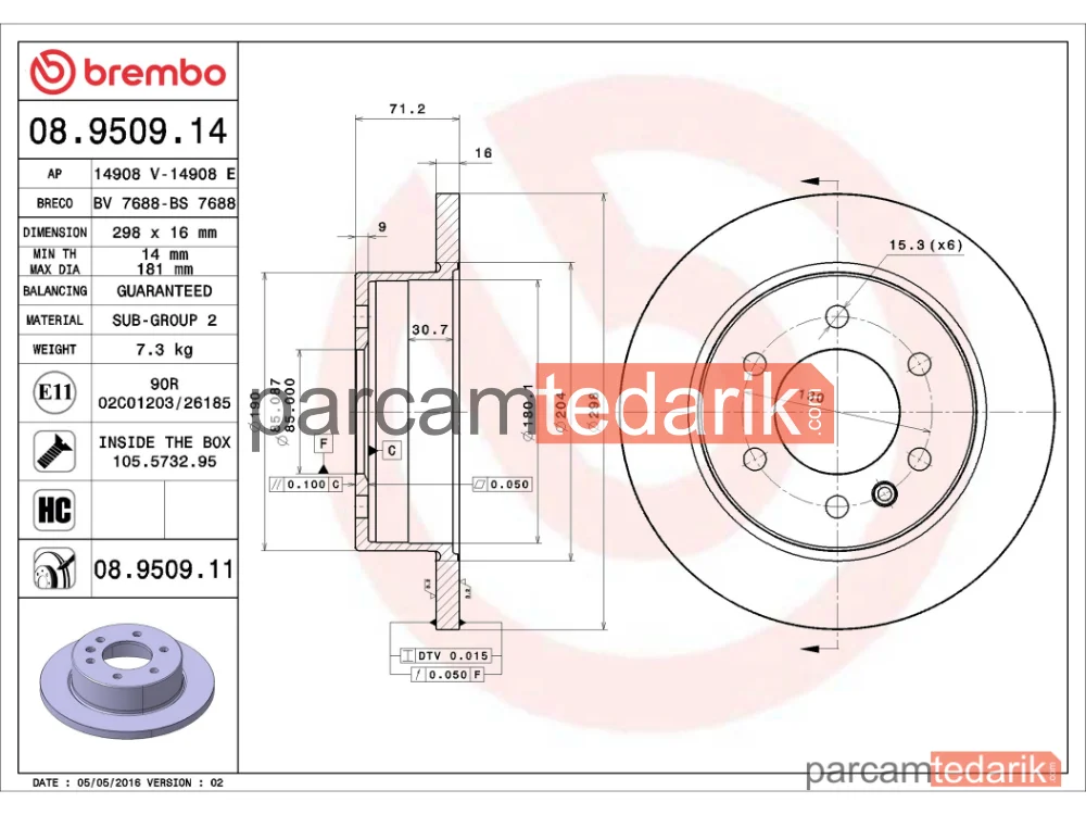 BREMBO 08950911 | Fren Diski (Arka, 298 mm) — Mercedes-Benz Sprinter 3,5-t, Mercedes-Benz Sprinter 3-t