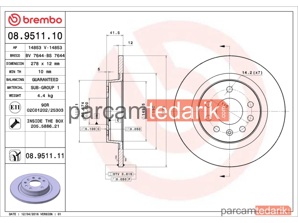 BREMBO 08951110 | Fren Diski (Arka, 278 mm) — Saab 9-3, Saab 9-3 Cabrio, Opel Vectra C