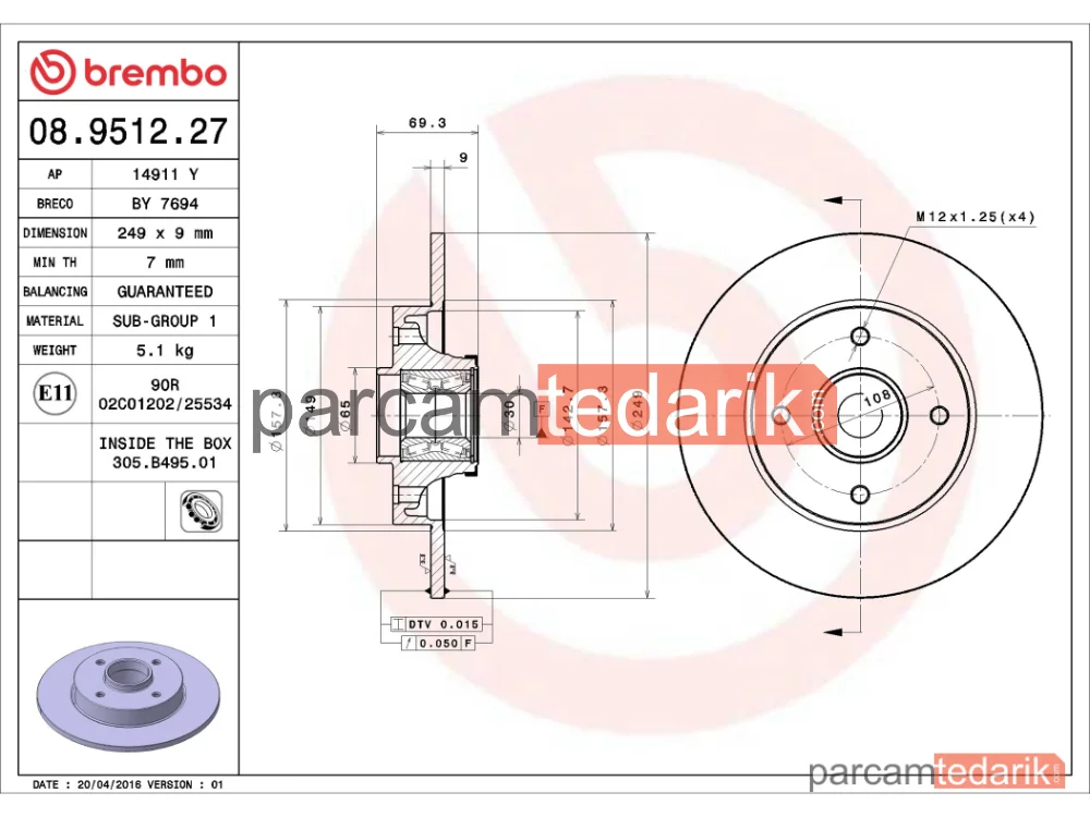 BREMBO 08951227 | Fren Diski (Arka) — Peugeot 208 I, Citroen C4 I, Citroen C3 Picasso